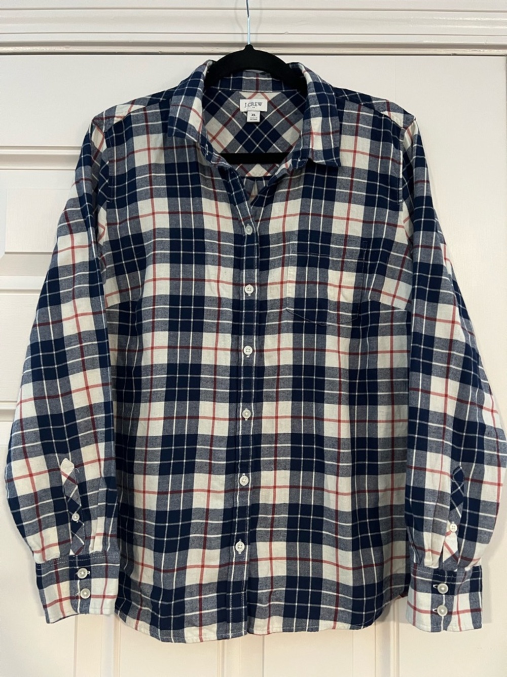 J.Crew Factory White Blue Red Plaid Button Down Shirt Long Sleeve Front Pocket